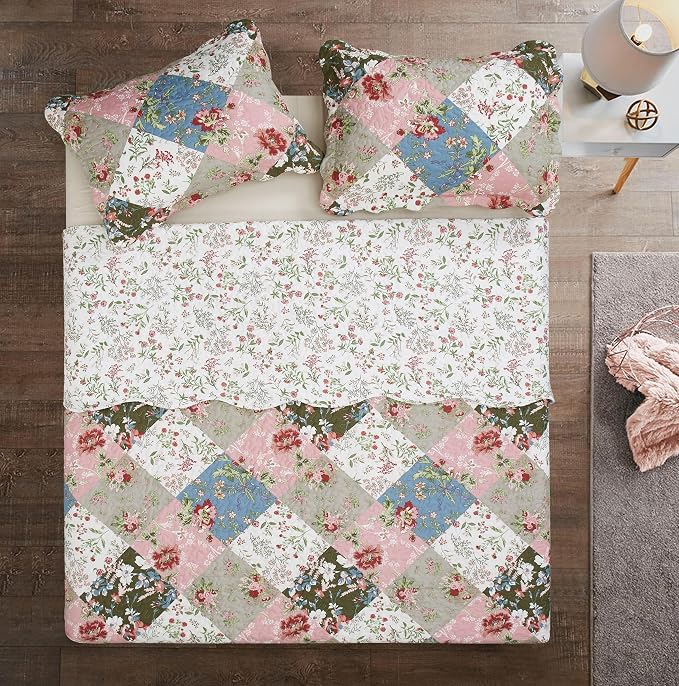 Brilliant Sunshine Peach and Olive Flowers Patchwork, 3-Piece Quilt Set - Image 7