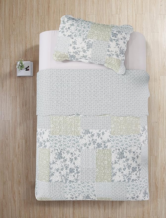 Brilliant Sunshine Multi Blue and Beige Floral Patchwork, 2-Piece Quilt Set - Image 4