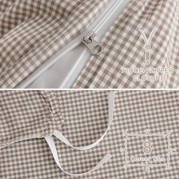 TOCOMOA Mini Gingham Tan Duvet Cover Bedding Set 100% Washed Cotton Like Linen - Image 6