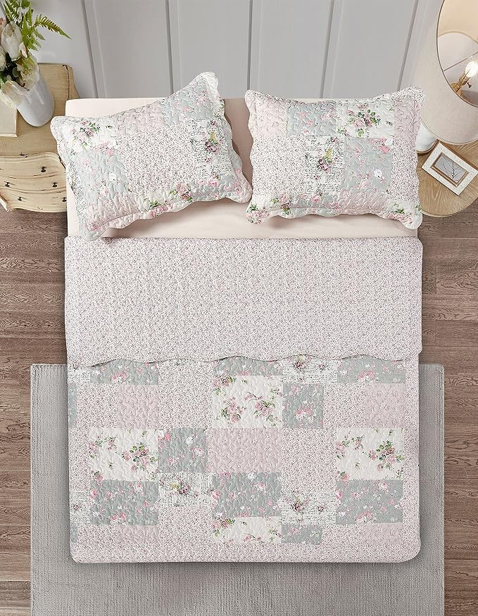 Brilliant Sunshine Rose and Sage Quilt Set, 3-Piece Bedding Sets, Traditional - Image 4