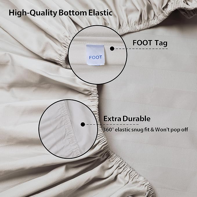 Twin Size Striped Fitted Sheet Only Light Beige Color, 100% Egyptian Cotton 600 - Image 5