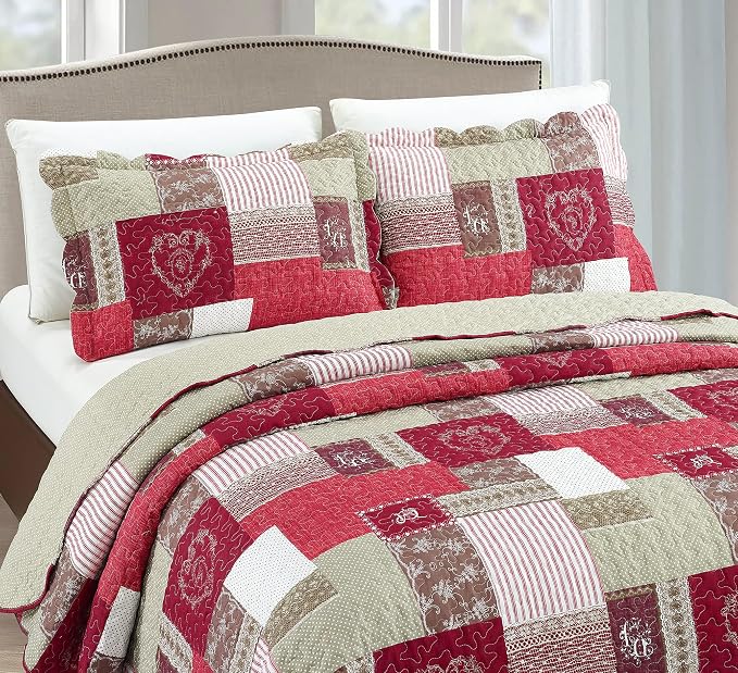 Brilliant Sunshine BurgundyHeart Love, Floral and Lace Patchwork, 3-Piece Quilt - Image 3