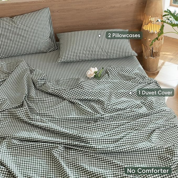 MooMee Gingham Duvet Cover Set 100% Washed Cotton Linen Like Textured - Image 2