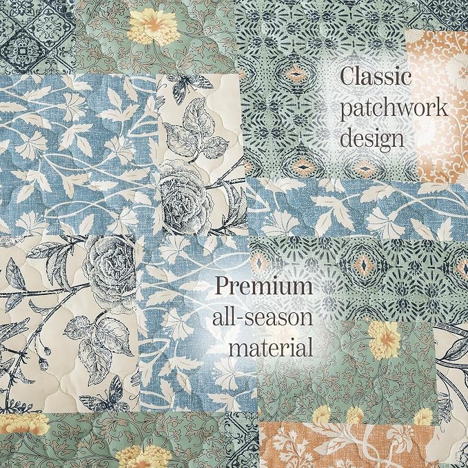 BLOOMHAVEN Quilt Set King Size, Patchwork Green Floral Quilt Sets, Reversible - Image 6