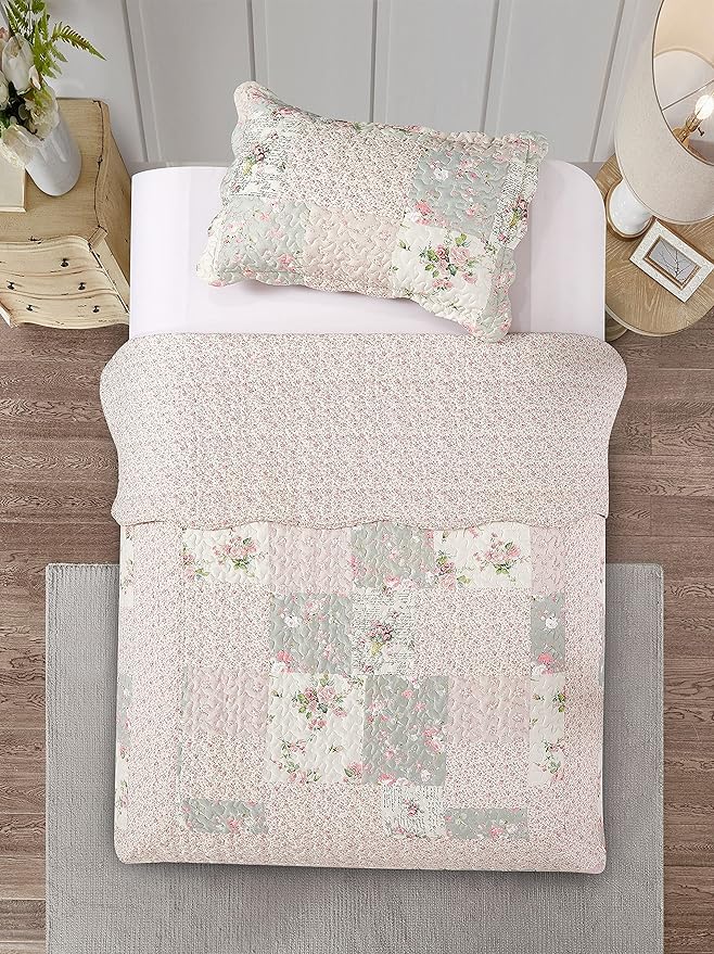 Brilliant Sunshine Rose and Sage Quilt Set, 2-Piece Bedding Sets, Traditional - Image 4