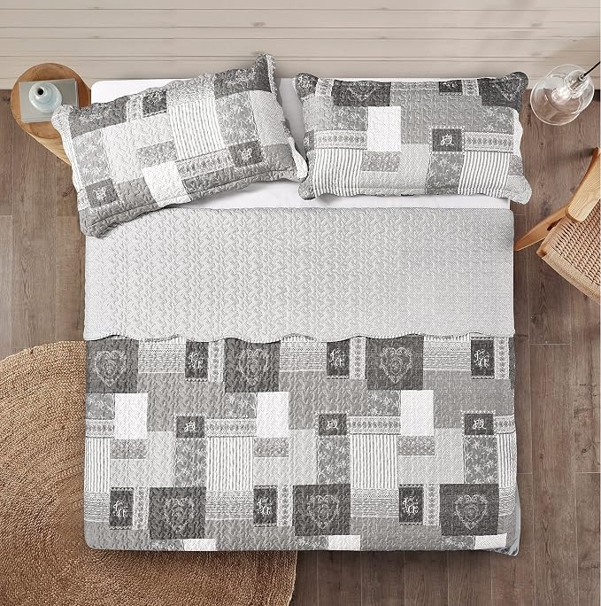 Brilliant Sunshine Grey Heart Love, Floral and Lace Patchwork, 3-Piece Quilt Set - Image 4