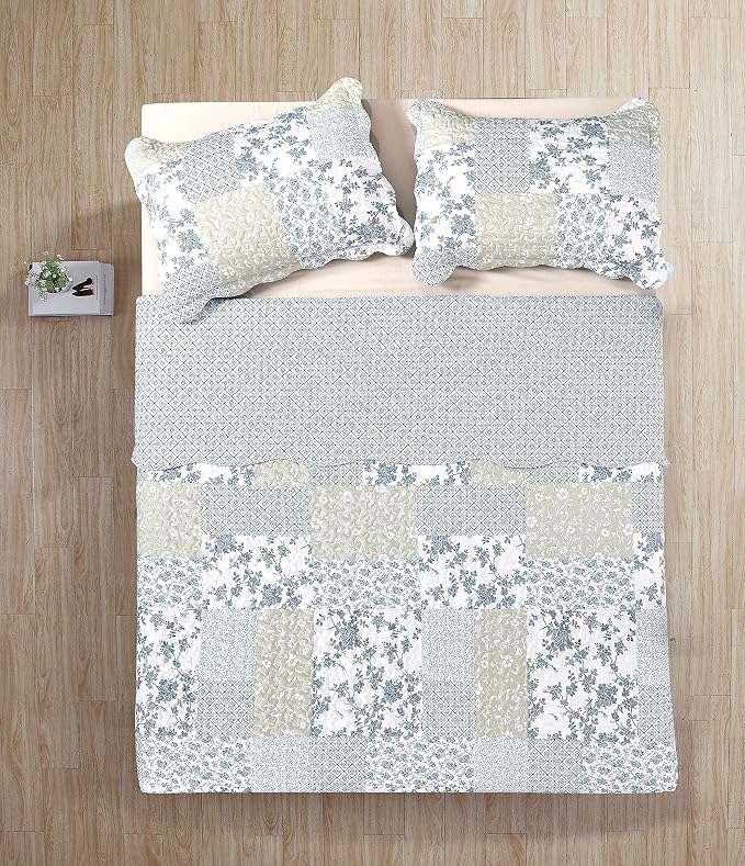 Brilliant Sunshine Multi Blue and Beige Floral Patchwork, 3-Piece Quilt Set - Image 4