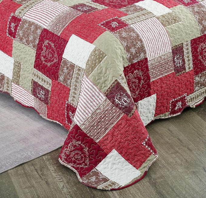 Brilliant Sunshine BurgundyHeart Love, Floral and Lace Patchwork, 3-Piece Quilt - Image 5