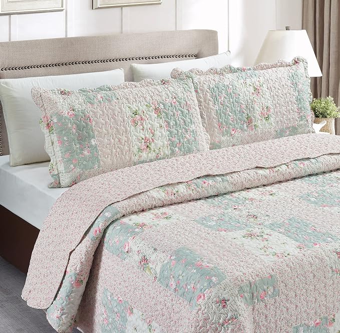 Brilliant Sunshine Rose and Sage Quilt Set, 3-Piece Bedding Sets - Image 3