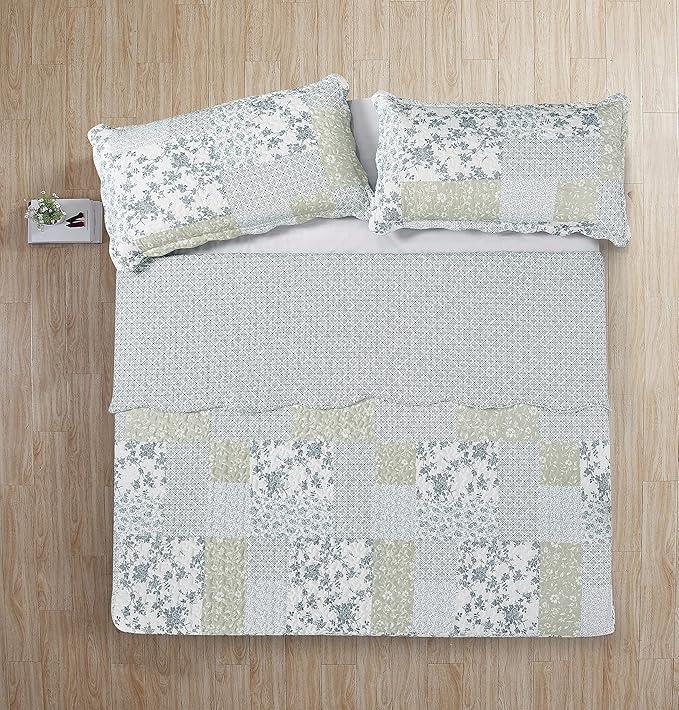 Brilliant Sunshine Multi Blue and Beige Floral Patchwork, 3-Piece Quilt Set - Image 4