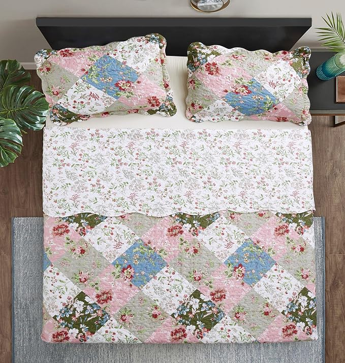 Brilliant Sunshine Peach and Olive Flowers Patchwork, 3-Piece Quilt Set - Image 6