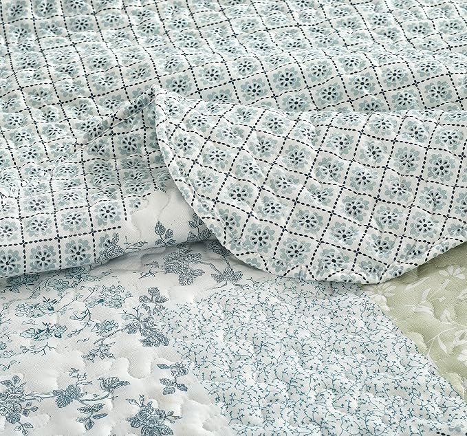 Brilliant Sunshine Multi Blue and Beige Floral Patchwork, 3-Piece Quilt Set - Image 6
