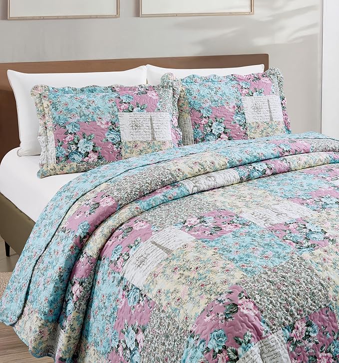 Brilliant Sunshine Lilac Rose Toile Quilt Set, 3-Piece Bedding Sets, - Image 3