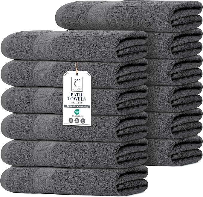 Commercial Bulk Pack of 12 Small Bath Towels – 100% Cotton Terry 24" x 46" – by TEXCRAFT