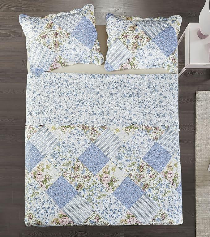 Brilliant Sunshine Blue Rose Patchwork, 3-Piece Quilt Set - Image 7