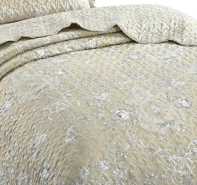Brilliant Sunshine Classic Grey Floral Toile in Beige Background, 2-Piece Quilt - Image 5