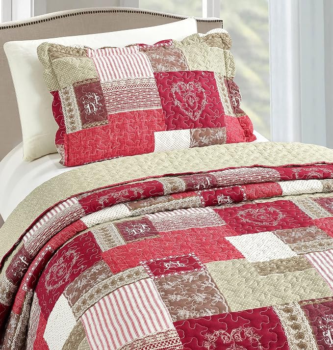 Brilliant Sunshine Burgundy Heart Love, Floral and Lace Patchwork, 2-Piece - Image 3