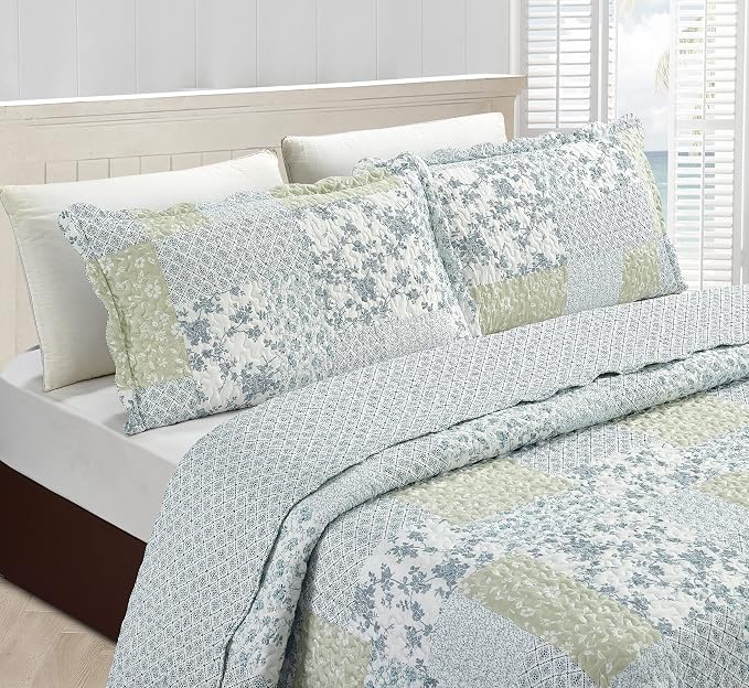 Brilliant Sunshine Multi Blue and Beige Floral Patchwork, 3-Piece Quilt Set - Image 3