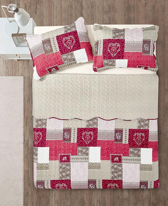 Brilliant Sunshine BurgundyHeart Love, Floral and Lace Patchwork, 3-Piece Quilt - Image 4