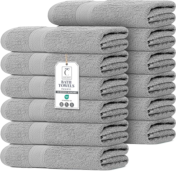 Commercial Bulk Pack of 12 Bath Towels – 100% Cotton Terry 24" x 48" – Ideal by TEXCRAFT