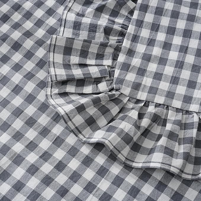 2 Pack Grey/White Plaid Ruffled Throw Pillow Sham 20 x20 inches, Washed Cotton - Image 7
