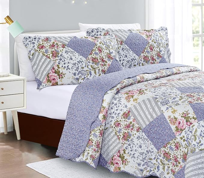 Brilliant Sunshine Rose Violet Patchwork, 3-Piece Quilt Set - Image 3
